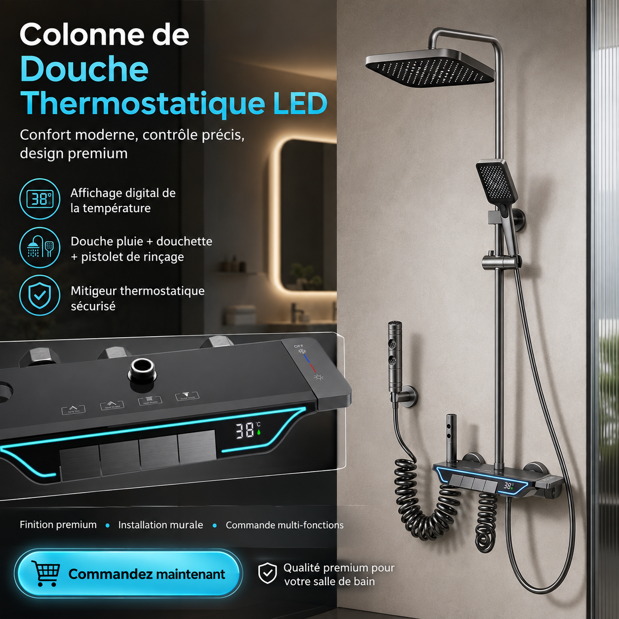 Colonne de Douche Thermostatique LED – Affichage Digital Température