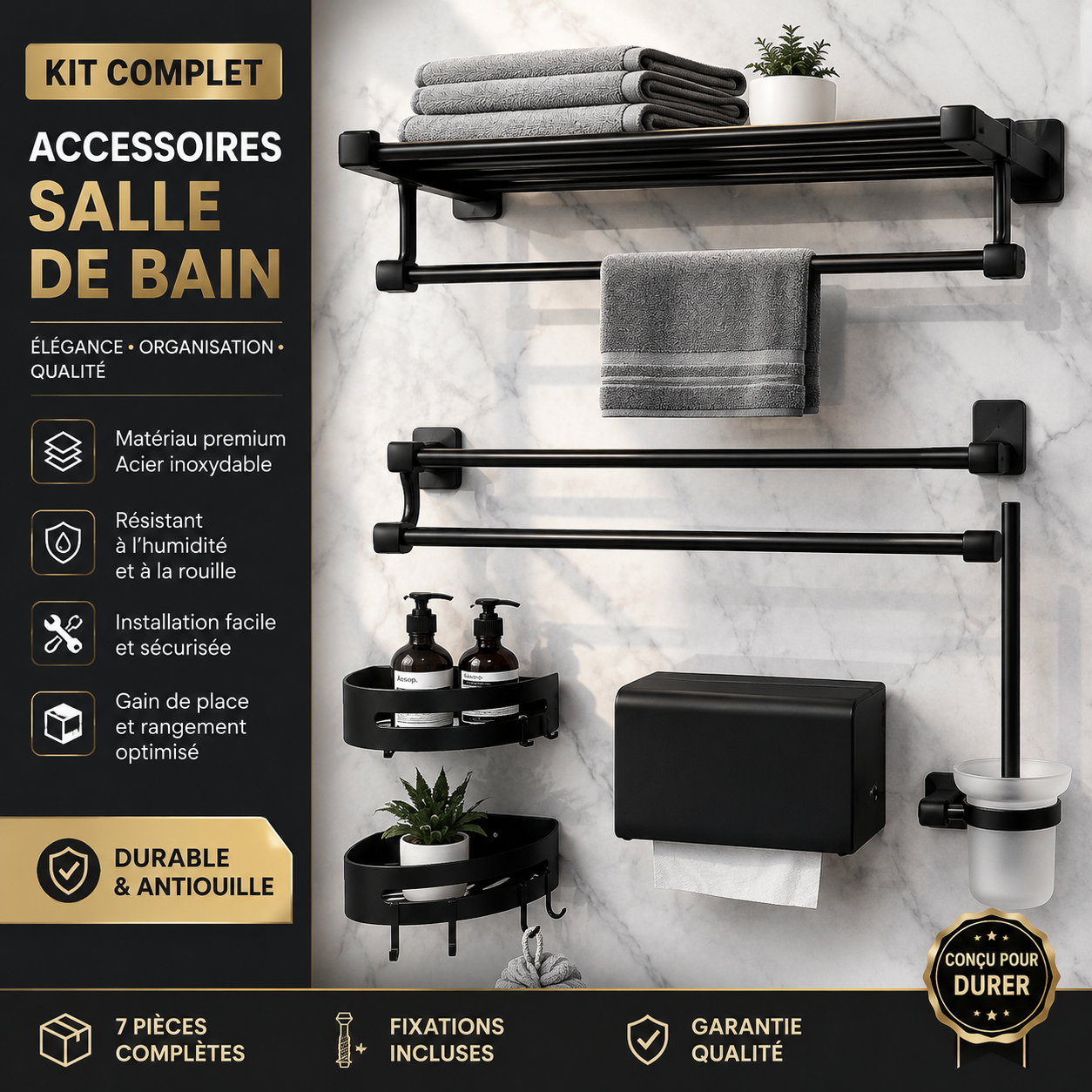 Kit Complet Accessoires Salle de Bain – Finition Noir Mat
